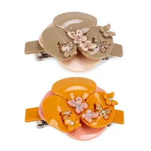Pince à Cheveux Papillon Camélia en Acétate de Cellulose Faite à la Main avec Strass Barrette à Ressort Élégante pour Femme