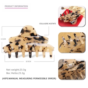 Vintage leopard acetate hair claw clip with detailed product size and spring mechanism