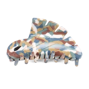 Close-up of acetic acid hair claw clip with multicolor camouflage pattern and strong teeth