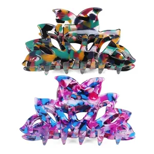 Vintage Cellulose Acetate Hair Claw Large Geometric Hollow Lotus Flower Pattern Tortoise Marble Hair Clip For Women Girls