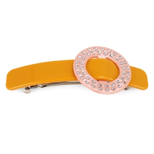 Minimalist oval acetate hair clip with pink rhinestone ring detail on yellow base
