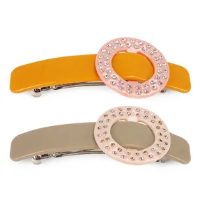 Vintage Cellulose Acetate Oval Hair Clip With Rhinestones Elegant Geometric Spring Clip For Women Sweet Ponytail Headwear