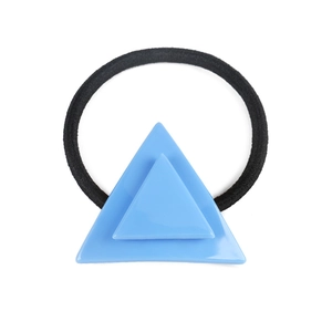 Close-up of geometric light blue triangular acetate hair tie with black elastic band