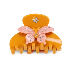 Amber acetate hair claw clip with pink butterfly and sparkling crystals in 80-100 chars