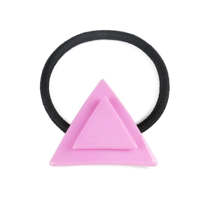 Minimalist elastic hair tie featuring layered pink triangular acetate accents on white background