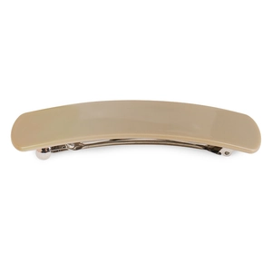 Detailed side view of 10.4cm khaki acetate rectangle hair clip with silver metal spring