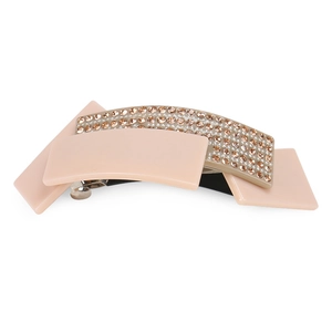 Detail view of pink acetic acid geometric hair clip with sparkling rhinestone inlay
