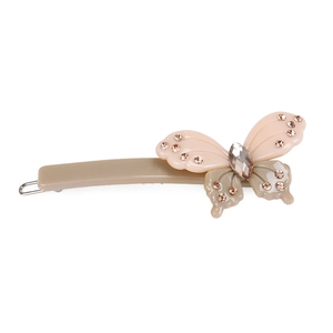 Detailed view of an elegant acetate butterfly hair clip with sparkling rhinestones and crystal