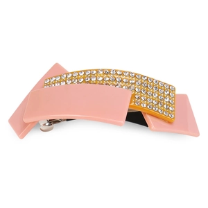 Geometric triangular acetate hair clip in yellow and pink with rows of rhinestones