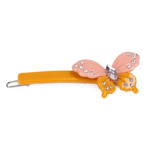 Elegant yellow and pink acetate butterfly hair clip with rhinestones and gems