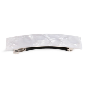Detail of white marble acrylic hair clip with a silver metal spring and anti-slip pad