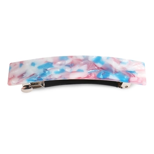 Close-up of pink and blue marble acrylic hair clip with a silver metal spring back