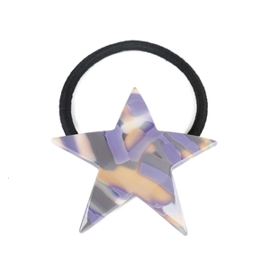 Star-shaped acrylic hair tie with purple marble pattern on a black elastic cord