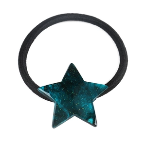 Detail of green acrylic star hair tie with glitter marble texture on elastic band