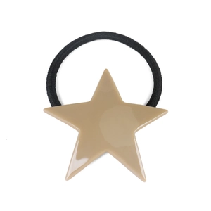 Detail of khaki acrylic star charm on a high-elastic black woven hair tie