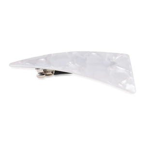 Detailed view of white triangle acrylic hair clip with elegant marble texture