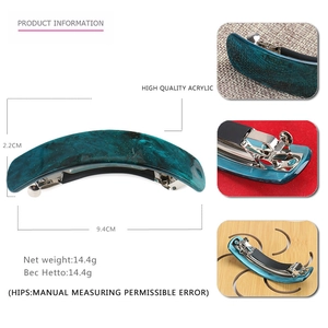 Green marble acrylic hair clip with silver spring metal fastener and 9.4cm long curved design