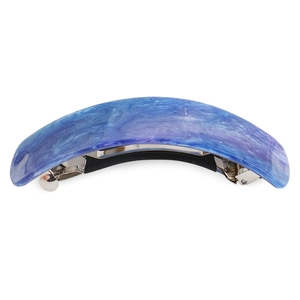 Detailed macro view of blue marble acrylic hair clip with silver spring mechanism