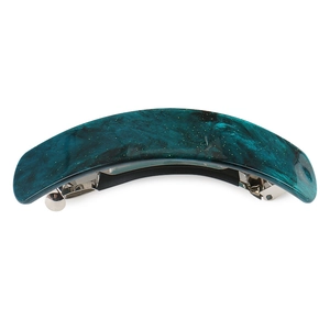 Detail of dark green marble hair clip with gold glitter and silver metal spring mechanism