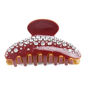 Pince à cheveux élégante en acétate bordeaux avec strass brillants et intérieur beige