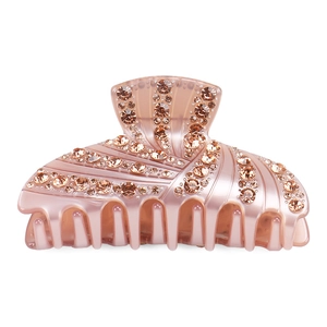 Close-up of pink acetate hair claw clip with sparkling champagne rhinestones detail