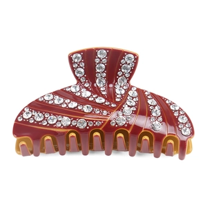Detail of burgundy acetate hair claw clip with sparkling rhinestones in a radial pattern