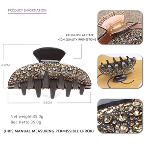 Detailed views of 9.5cm acetate hair claw clip with champagne rhinestones
