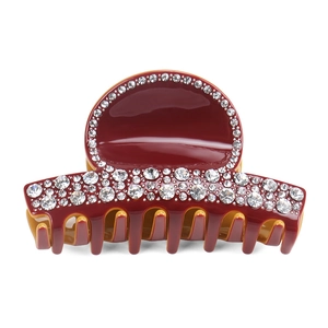 Detail view of wine red acetate hair claw clip with sparkling rhinestones and smooth teeth