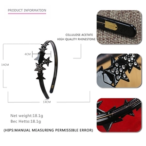Cerchietto elegante in acetato nero con stelle di strass e design antiscivolo da donna