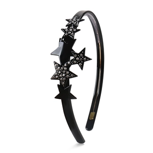 Elegante cerchietto nero in acetato con stelle scintillanti in strass e denti antiscivolo