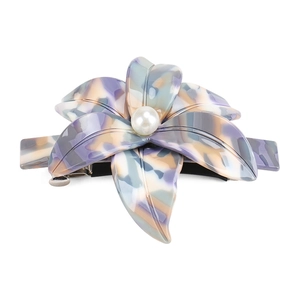 Elegant purple marble acetate flower hair clip with pearl center on white background
