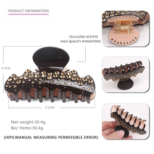 Elegant cellulose acetate hair claw clip with champagne rhinestones, 9.1cm geometric design