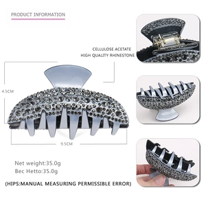 Sparkling grey cellulose acetate hair claw clip with full rhinestones, 9.5cm large size