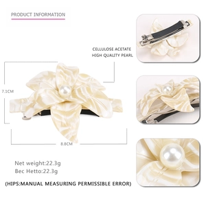 Elegant cellulose acetate camellia flower hair clip with pearl center, size 8.8cm