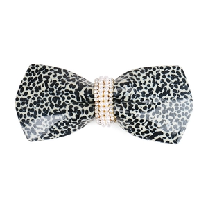 Elegant bow hair clip with leopard print acetate and pearl rhinestone accents