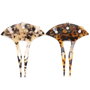 Acetate Sakura Hair Stick Vintage Fan Shaped U-Shaped Hairpin With Faux Artificial Pearl Elegant Tortoise Shell Hair Fork