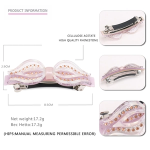 Barrette à cheveux rose en acétate avec nœud, fleurs et strass pour femmes