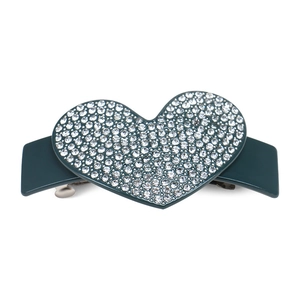 Detailed macro view of dark green acetate hair clip with sparkling heart rhinestones