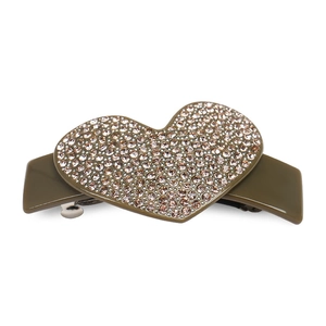 Detail of olive green heart hair clip with champagne gold rhinestones and acetate finish