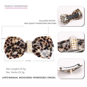 Acetate bow hair clip with tortoiseshell pattern, pearls and rhinestones 8.7cm