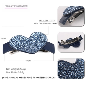 Blue heart acetate spring hair clip with rhinestones and detailed product dimensions