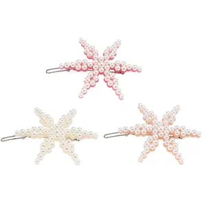Three-piece star pearl hair clips set in pink, white, and coral with silver metal base