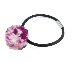 Detailed view of high-elastic hair tie with purple marble acetate floral charm and silver buckle