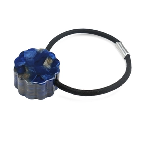 Elastic hair tie with blue marble texture resin flower decoration and silver metal buckle