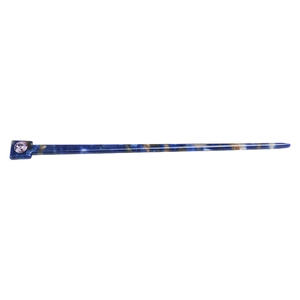 Detailed close-up of blue marble pattern acetate hair pin with purple crystal inlay
