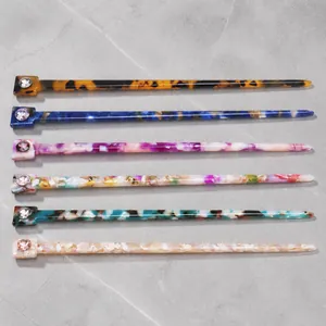 Vintage Cellulose Acetate Hair Stick For Women Chinese Style Marble Tortoiseshell Pattern Hair Pin With Rhinestone Inlaid Accessory