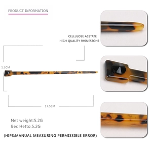 Minimalist acetate hair pin with faux tortoise shell pattern and black rhinestone accent