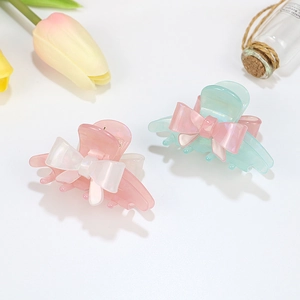 Sweet Acrylic Bowknot Hair Claw Clip For Women Elegant Translucent Pearlescent Hair Accessory Mint Green Pink Shark Clip