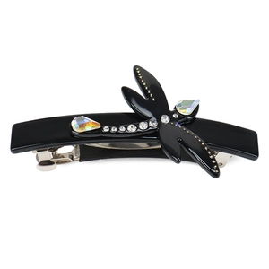 Elegant dragonfly spring hair clip with rhinestones on a black resin base for women