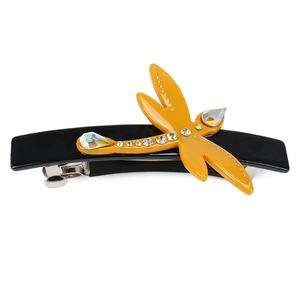 Detailed close-up of yellow crystal dragonfly hair clip with black resin base